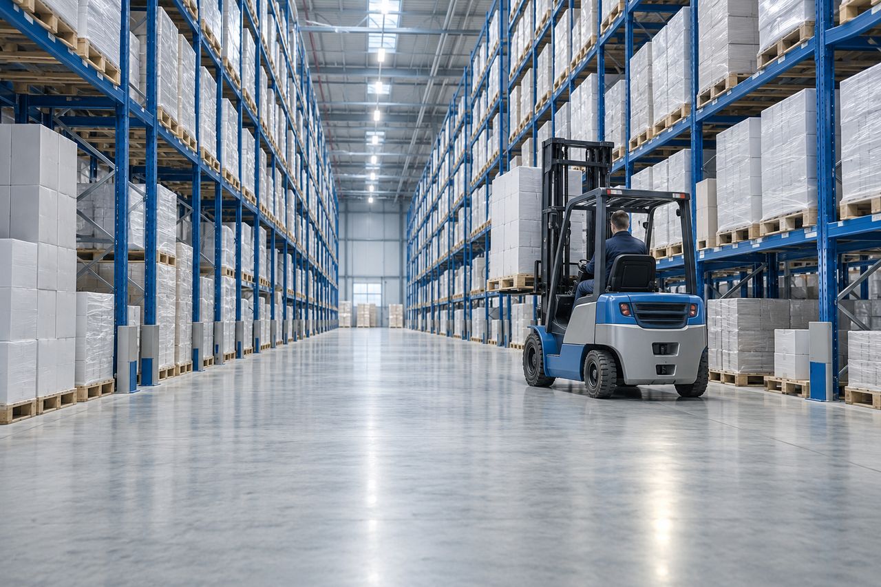Pasillo de centro de distribución con estanterías de palets