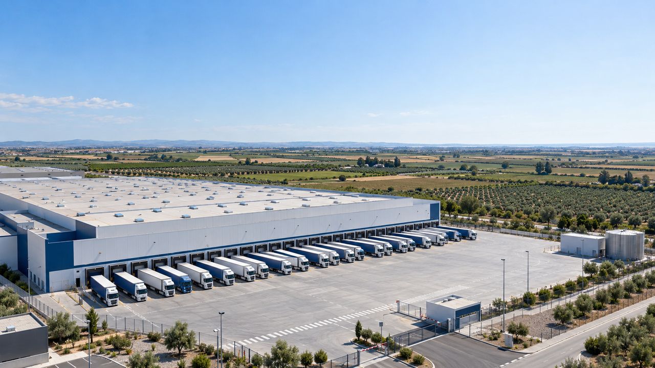 Gran plataforma logística con camiones en espiga cerca de Sevilla